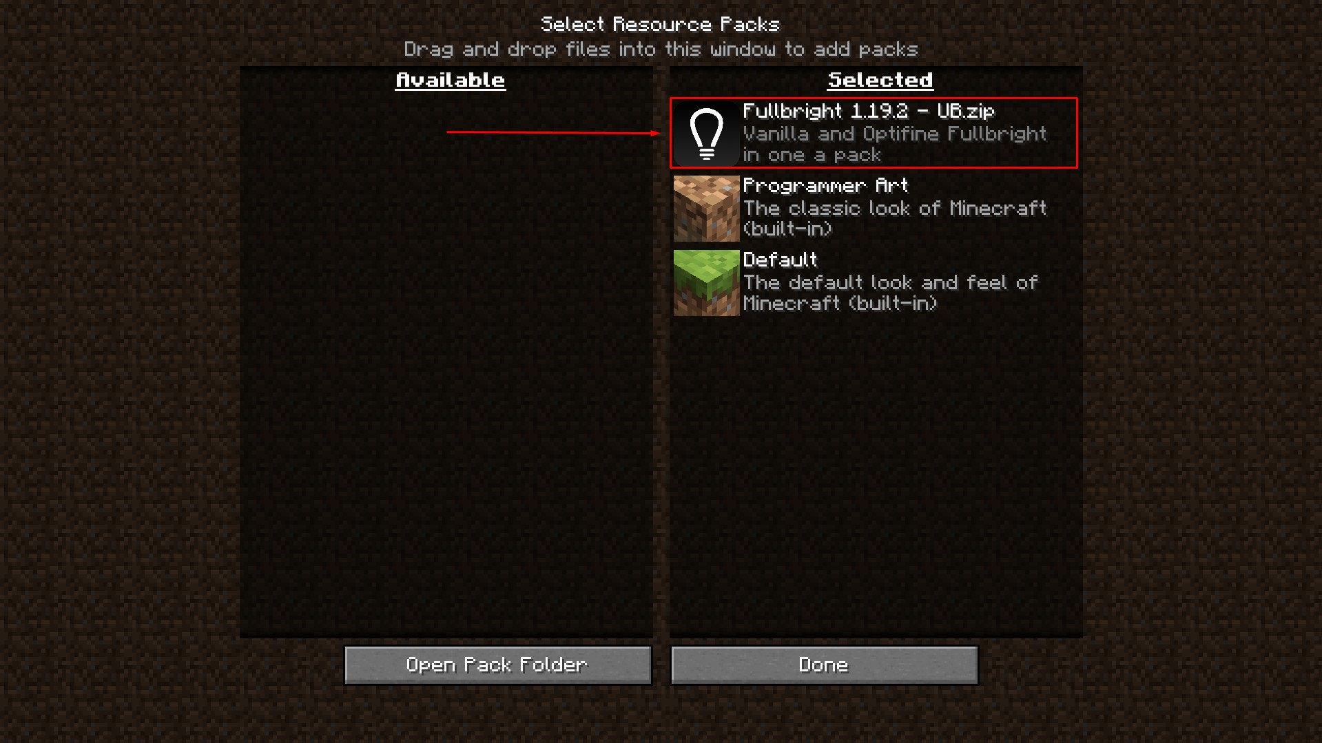 Minecraft showing the texture pack in the resource packs folder